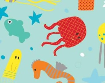 May include: A blue background with a variety of colorful sea creatures, including a yellow jellyfish, a red jellyfish, a blue starfish, a green fish, an orange seahorse, and a coral.