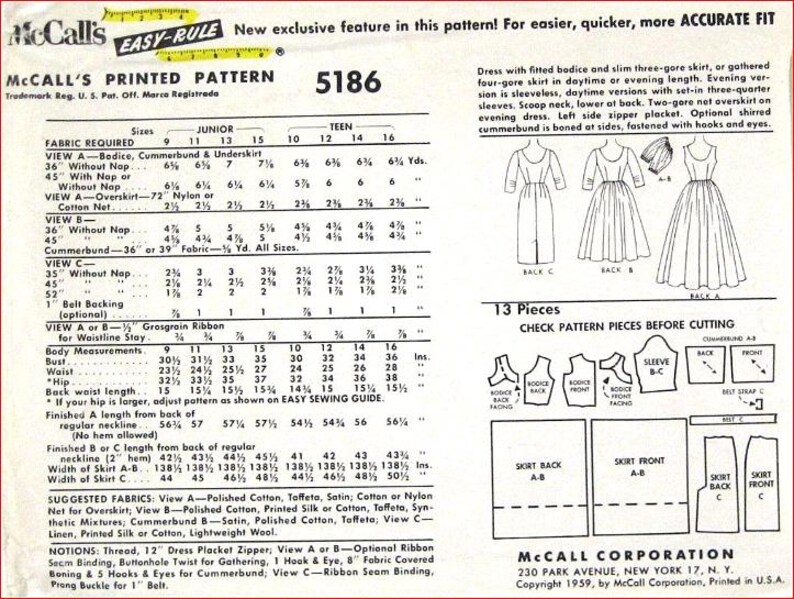 Mccall's Vintage 1950 Pattern 5186 Size 12 T, B32, CC USA Shipping ...