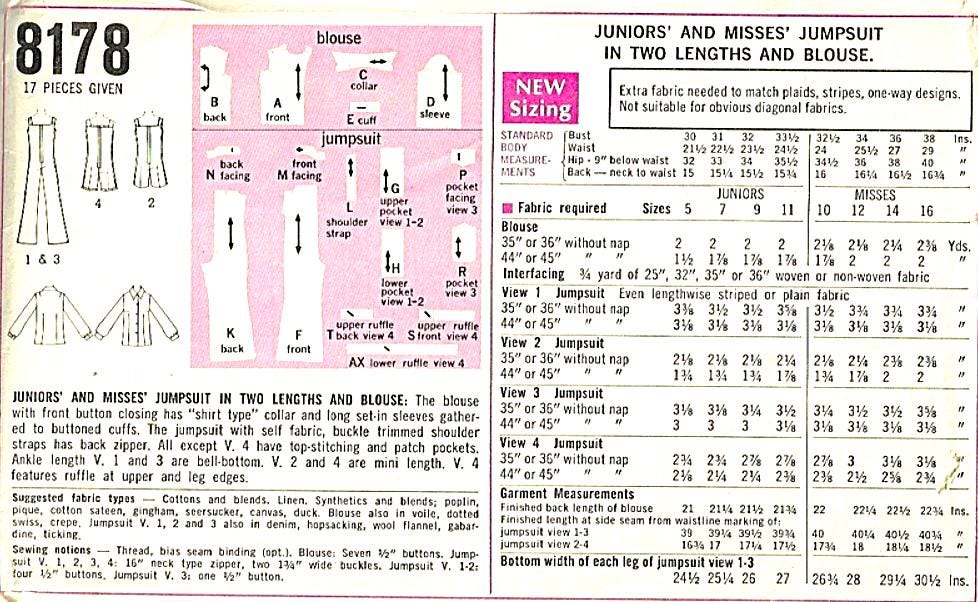 Simplicity Pattern 8178 Vintage 1969 Simplicity 8178 Jumpsuit & Blouse Sewing Pattern: Bust 32 ...