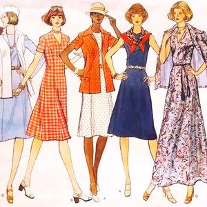 May include: A sewing pattern showcasing five distinct dress designs. The dresses come in a variety of styles, including a gingham check dress, a polka dot dress, a plain blue dress, and a floral print dress. The pattern also features a white jacket and a white waistcoat.