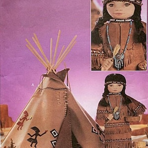 May include: A sewing pattern for a Native American doll and teepee. The pattern is from Vogue Doll Collection and designed by Linda Carr. The doll is wearing a brown dress with fringe and a beaded necklace. The teepee is made of brown fabric with a flap door and a design of Native American figures.