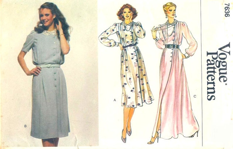 Vogue 7636 Misses Loose-Fitting Side-Front Button Dress, with Set-In Sleeves and Collar, 2 Lengths, 80's Sewing Pattern Size 8, B31.5 FF image 2