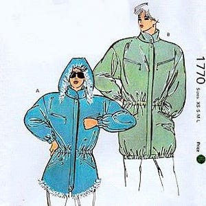 May include: Line drawing of two winter coats. One coat is light blue with a hood trimmed with faux fur. The other coat is light green with a stand-up collar. Both coats have a drawstring waist and zippered pockets. The pattern number is 1770.