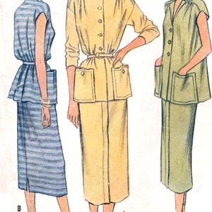 May include: A vintage illustration of three women's dresses. The dress on the left is blue and white striped with a short sleeve and a belt. The dress in the center is yellow with long sleeves and a belt. The dress on the right is green with short sleeves and a button-up front.