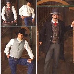 May include: Simplicity pattern 2895 featuring Western-style clothing. The image shows a man in a long black coat, vest, and hat. Other images show different outfits, including vests, shirts, and hats. The pattern includes sizes AA 38, 40, 42, and 44.