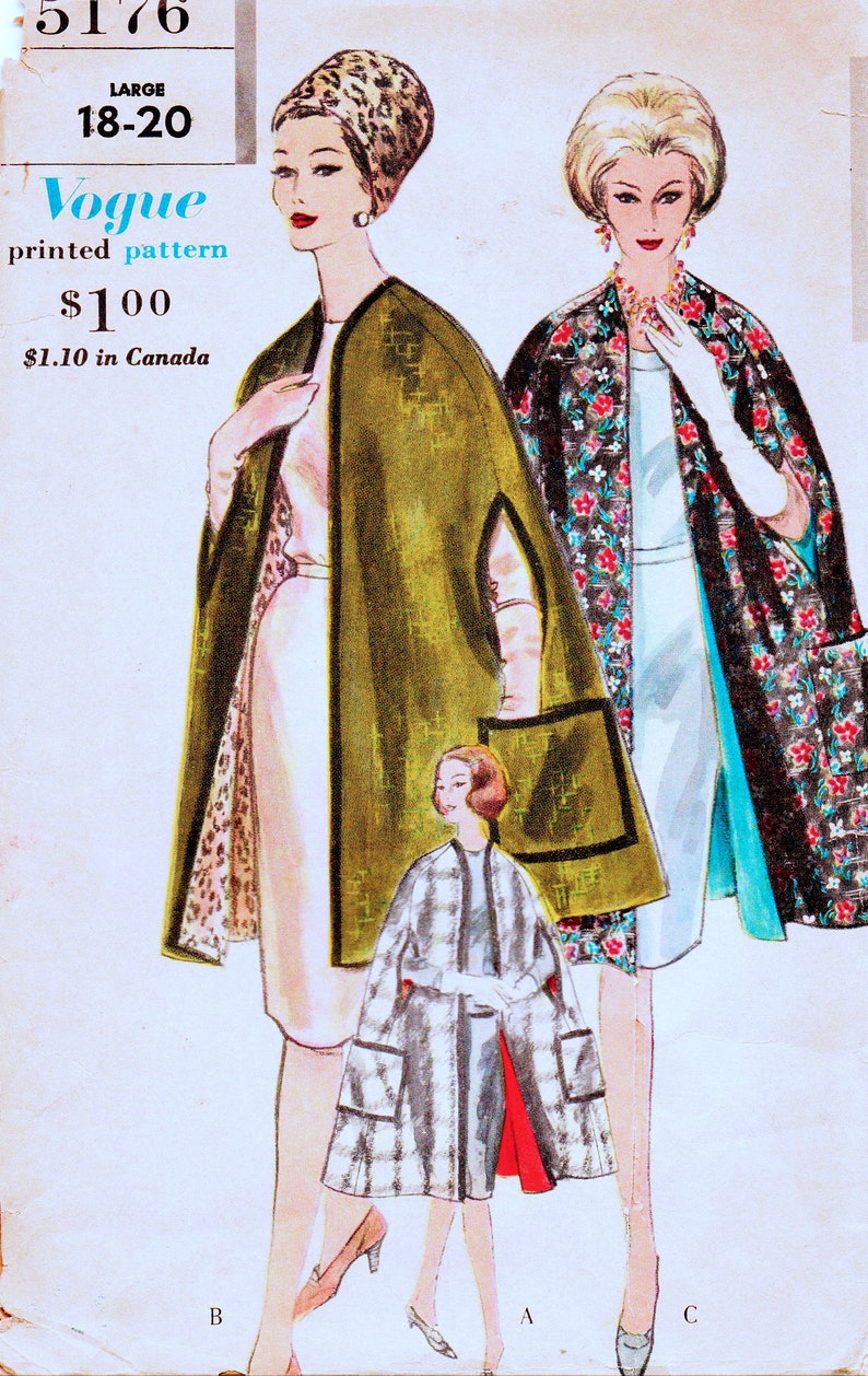 Vogue 5176 Misses 1960's Reversible Collarless Cape with or without Large Pockets, Vintage Sewing Pattern Size Large, Bust 38-40 image 1