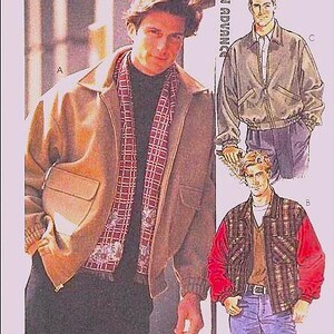 May include: Three different styles of jackets for men. The first jacket is a brown leather jacket with a red and white plaid scarf. The second jacket is a dark gray zip-up jacket. The third jacket is a plaid jacket with red sleeves.