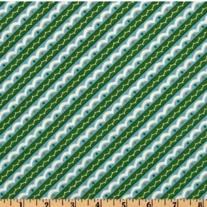 May include: Green and blue fabric with a repeating pattern of wavy lines and small dots. The fabric is striped diagonally with alternating green and blue stripes.