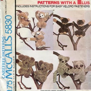 McCall's Pattern 5830 Set of Stuffed Animals (Monkey, Koala, Raccoon, Honey Bear)