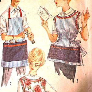 May include: Vintage illustration of aprons. One apron is blue and white striped with a navy blue pocket. Another apron is white with red roses. The third apron is blue and white striped with a red trim. The image is a retro style.