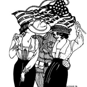 May include: A black and white illustration of a couple holding an American flag. The woman is wearing a dress and the man is wearing a military uniform. The text "La Schields '90" is in the bottom right corner of the image.