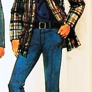 May include: A vintage fashion illustration featuring a person wearing a plaid jacket with a dark blue shirt, blue jeans, and a black belt. The jacket has a brown, green, and white plaid pattern. The jeans are flared at the bottom.