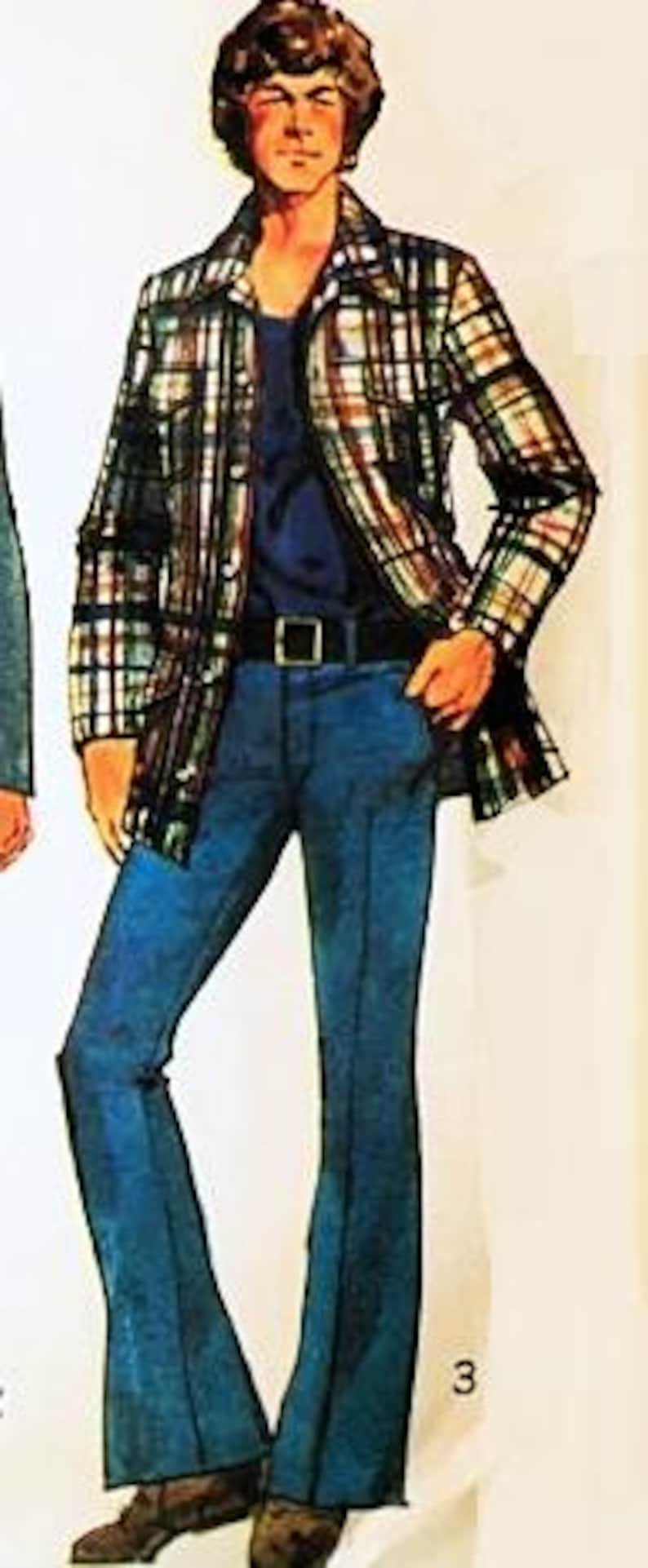 May include: A vintage fashion illustration featuring a person wearing a plaid jacket with a dark blue shirt, blue jeans, and a black belt. The jacket has a brown, green, and white plaid pattern. The jeans are flared at the bottom.