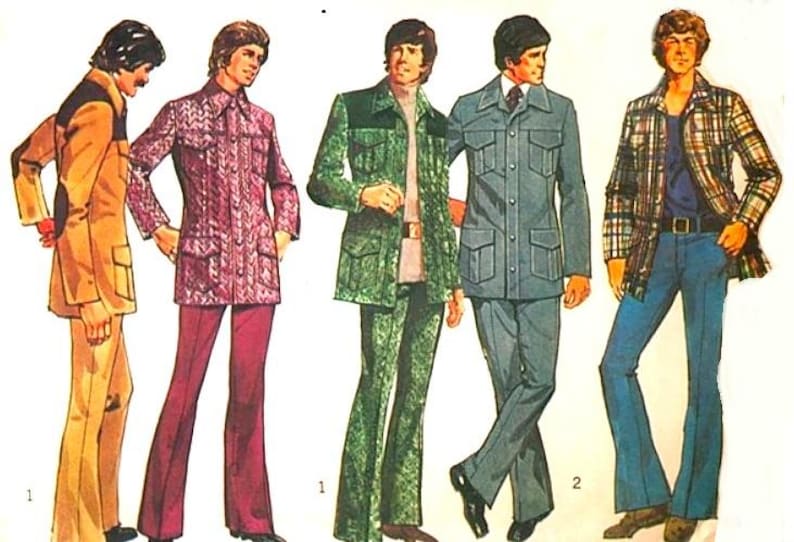 May include: Illustration of five men in vintage 1970s fashion. Outfits include a mustard yellow suit, a patterned pink jacket and pants, a green suit, a gray suit, and a plaid jacket with jeans. The outfits are all tailored with flared pants.