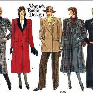May include: A sewing pattern for five different coats. The pattern includes a long, red coat with a black collar, a long, black coat, a long, plaid coat, a long, brown coat with a double-breasted closure, and a long, gray coat with a plaid pattern. The pattern is from Vogue's Basic Design and is number 1220.