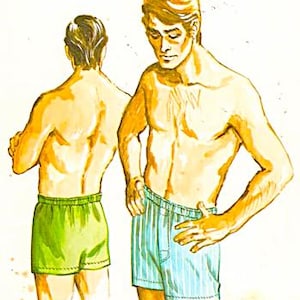 May include: Two men wearing different styles of underwear. One pair is green and the other is blue with white stripes.