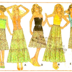May include: Illustration of a sewing pattern featuring five different top and skirt combinations. The tops include a tank top, a collared shirt, a strapless top, a V-neck top, and a laced-up top. The skirts are tiered and patterned.