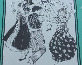 May include: A black and white illustration of five people wearing traditional vests from Greece and Poland. The people are wearing long skirts and pants, and they are all smiling. The illustration is on a light blue background.