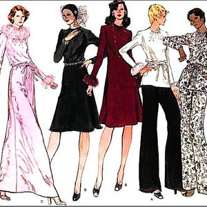May include: A fashion illustration featuring five outfits: a long pale pink dress with fur trim, a black dress with a veil, a dark red knee-length dress, a white long-sleeved top with black trousers, and a patterned floral tunic with matching trousers.