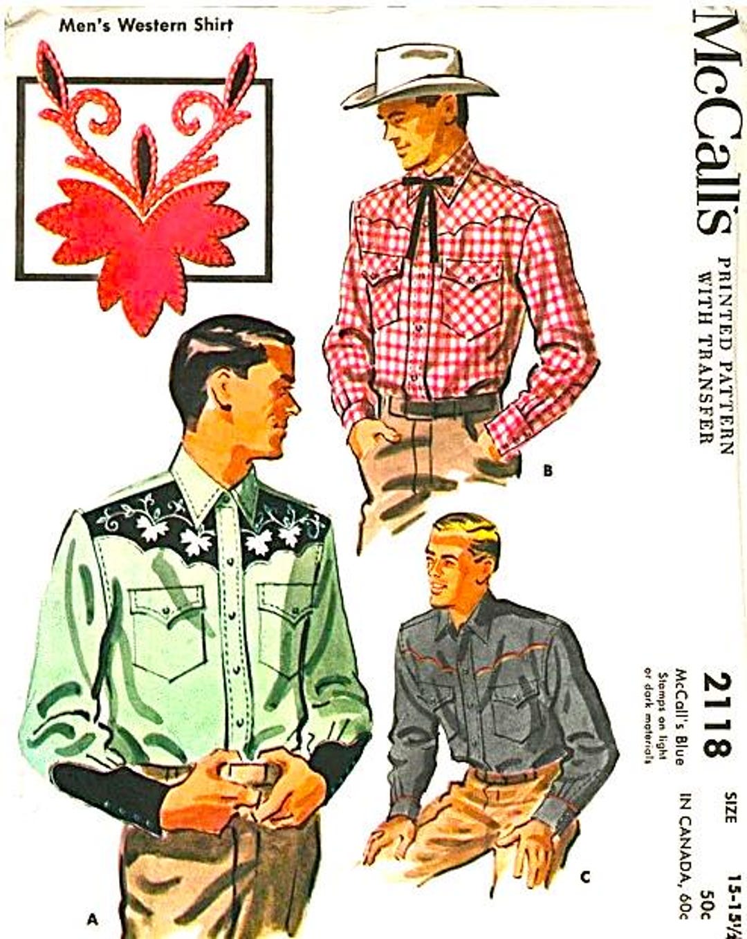 Mccall's 2118 Men's Western Shirt Sewing Pattern Neck Size 15-15.5 ...
