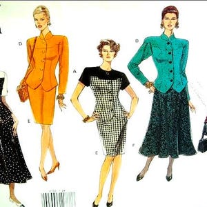 May include: Vogue's Basic Design pattern 2750 showing five women's fashion designs. The designs include a black and white polka dot dress, an orange suit, a black and white checkered dress, a teal jacket and skirt, and a pink and black plaid suit.