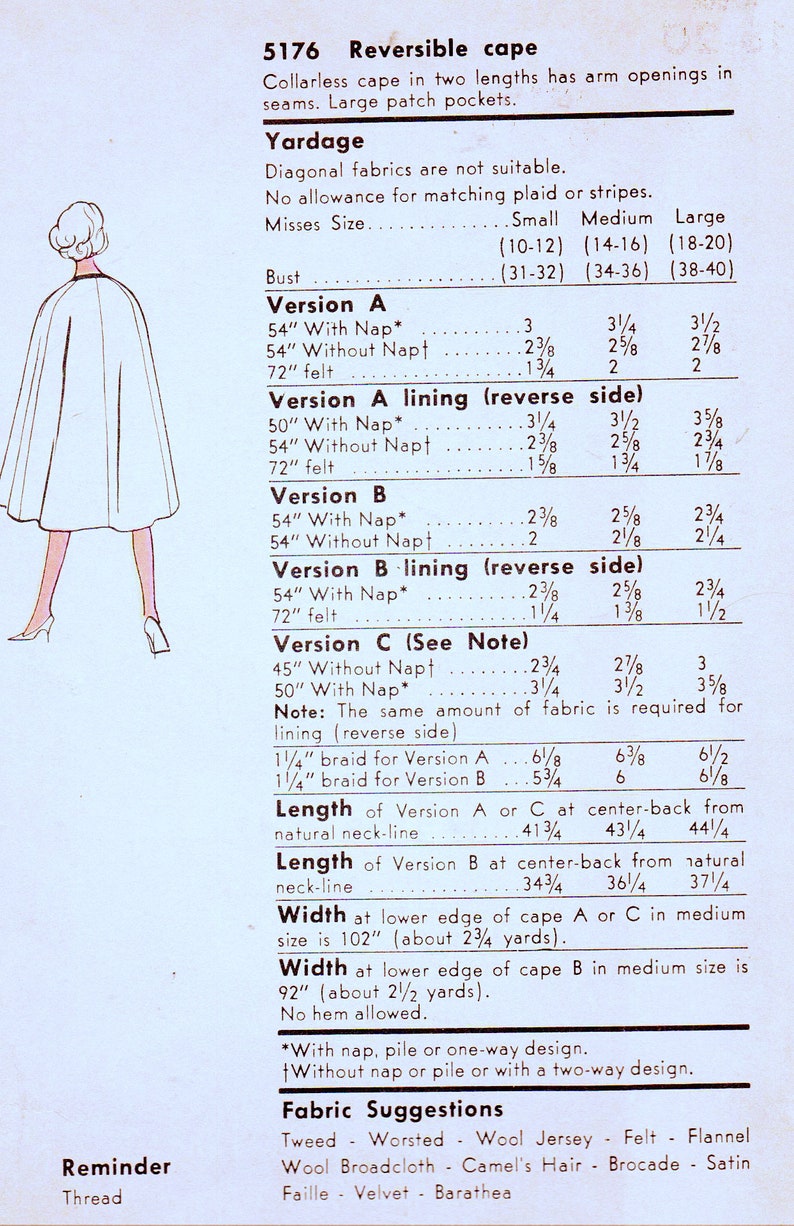 Vogue 5176 Misses 1960's Reversible Collarless Cape with or without Large Pockets, Vintage Sewing Pattern Size Large, Bust 38-40 image 2