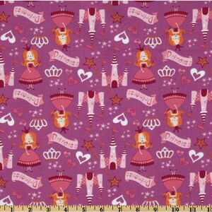 May include: Purple fabric with a repeating pattern of princesses, castles, stars, hearts, and crowns. The text "Princess" is repeated throughout the pattern.