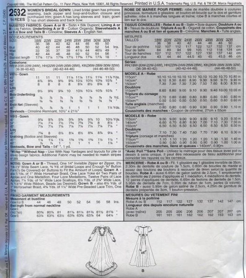 Mccall's 2532 Women's Bridal Gown Sewing Pattern Size RR (18W-20W-22W ...