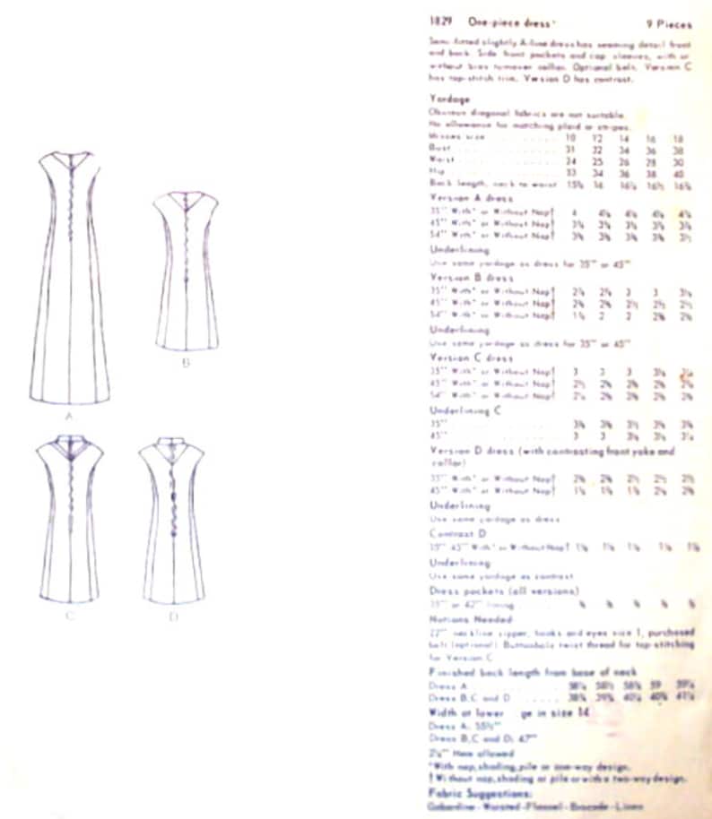 Pattern V1829 Vogue Basic Design 1829 Misses Midi or Maxi Sleeveless Dress Vintage 60 ...