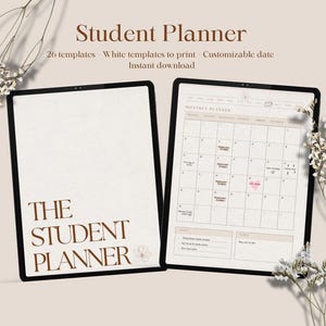 Puede incluir: Una maqueta digital de un planificador de estudiantes con fondo blanco y texto marrón. El planificador incluye un calendario mensual y una sección de notas. El texto en la pantalla dice "The Student Planner".