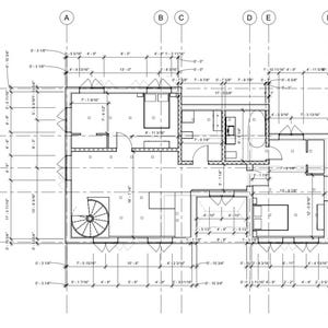 May include: Black and white architectural blueprint of a house floor plan with measurements in feet. The plan shows five rooms, a spiral staircase, and a bathroom.
