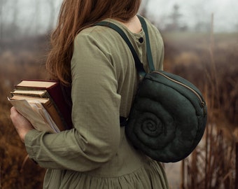 Snail Shell Backpack Petite Green Escargot in forest green faux suede, Goblincore