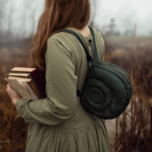 Snail Shell Backpack Petite Green Escargot in forest green faux suede, Goblincore