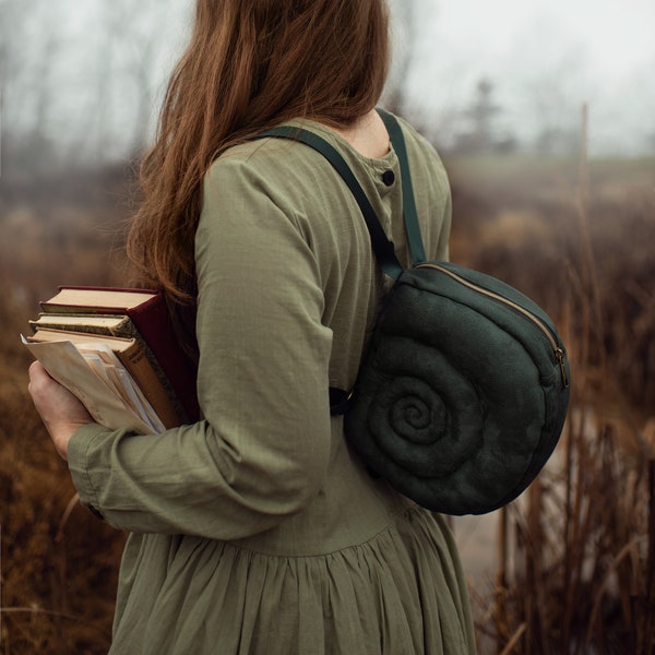 Snail Shell Backpack Petite Green Escargot in forest green faux suede, Goblincore