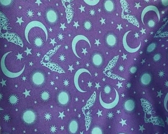 Bats and Moon Fabric Tula Pink De La Luna for Free Spirit - Haunted Batty 1 Fat Quarter Color Purple #PWTP114