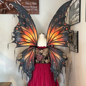 Fairy Wings Adult Sized, Fairy Costume, Monarch Butterfly Wings Costume, Black and Orange and Tattered Edges