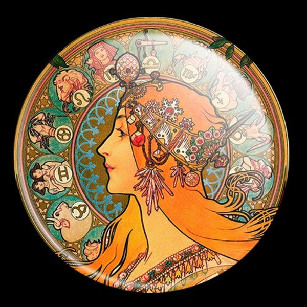 Art Nouveau Le Plume / Zodiac Pocket Mirror Alphonse Mucha