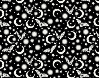 Bat and Moon Fabric Tula Pink De La Luna for Free Spirit - Cute Bats and Moons Print Batty 1 Fat Quarter Color Black and White