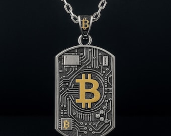 Bitcoin Necklace for Men – Crypto Circuit Board Pendant in Silver – Blockchain Jewelry Gift Handmade jewellery gift