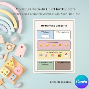 Tabla de registro matutino para niños pequeños / Rutina editable imprimible / Emociones, desayuno, clima, trabajos / Horario visual preescolar Montessori