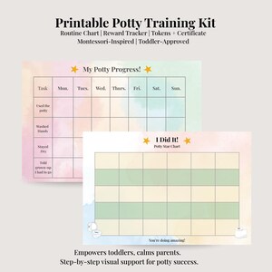 Kit de treinamento para usar o penico para crianças pequenas para impressão – Tabela de rotina, rastreador de progresso, tabelas de recompensas + certificado – Montessori + gênero neutro
