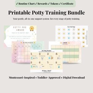 Paquete de entrenamiento para ir al baño para niños pequeños: tabla de rutinas, sistema de recompensas y certificado. Kit de herramientas visuales Montessori imprimible.