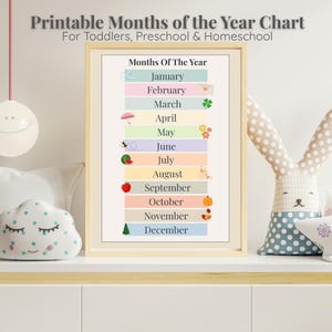 Tabela de meses do ano para crianças – Arte de parede para impressão em tons pastéis para calendário de rotina ou decoração para educação domiciliar