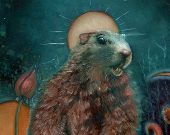 Groundhog Choosing Winter or Spring Oil Painting Original by Tiffany Toland-Scott "Invocation of the Groundhog"