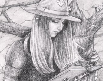 Mushroom Hunter Witch with Book of Shadows Original Graphite Pencil Drawing by Tiffany Toland-Scott "Mycellina"