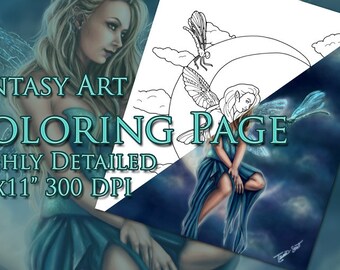 COLORING PAGE - adult fairy fantasy dragonfly moon art coloring sheet