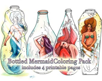 COLORING PAGE SET - adult potion bottle mermaids magic fantasy art coloring sheet