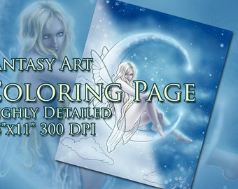 COLORING PAGE - adult fairy winter moon fantasy art coloring sheet