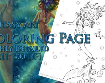 Mermaid Coloring Page, Coloring Page for Adults, Fantasy Coloring Page, Printable Coloring Page, Printable Mermaid