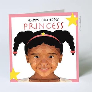 Happy Birthday Princess greeting card featuring a young black/mixed race girl | Black Girl Magic | African American Girl | Biracial Princess